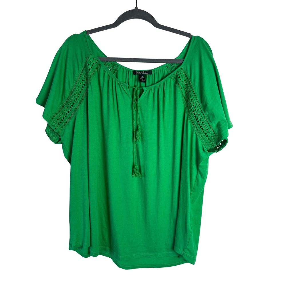 Lauren Ralph Lauren Green Tie Neck Top Size 3X Embroidered Detail Short Sleeves‎